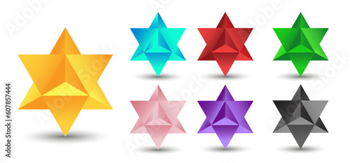 Set of vector stellated octahedrons, also called Stella octangula, and Polyhedra Hexagon, geometric polyhedral compounds on a white background with a gradient for game, icon, logo, mobile, ui, web.