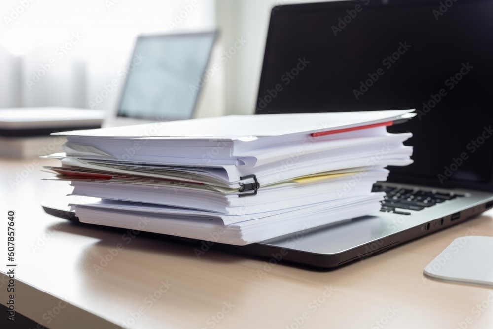 close-up of laptop with files and papers on desk, created with generative ai close-up of laptop with files and papers on desk, created with generative ai