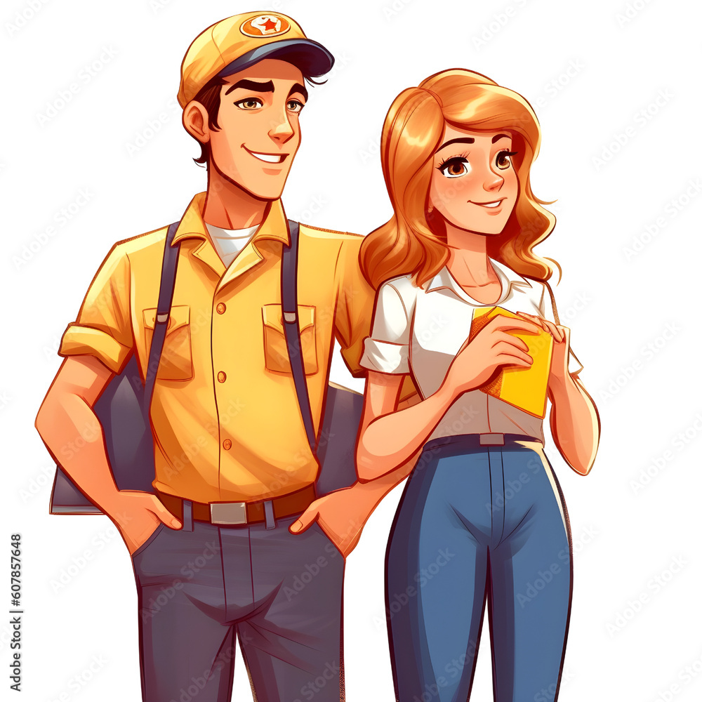 Man and woman model in work uniform hand draw cartoon Man and woman model in work uniform hand draw cartoon