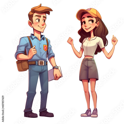 Man and woman model in work uniform hand draw cartoon