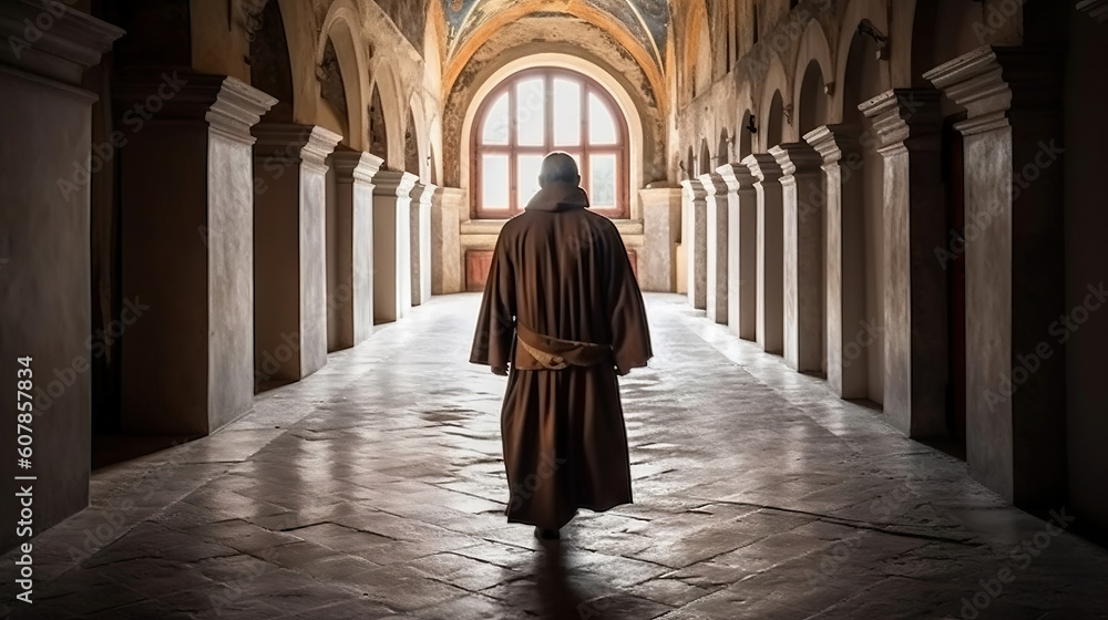 Rear view of a monk walking through a corridor in a church. Generative AI. - obrazy, fototapety, plakaty 