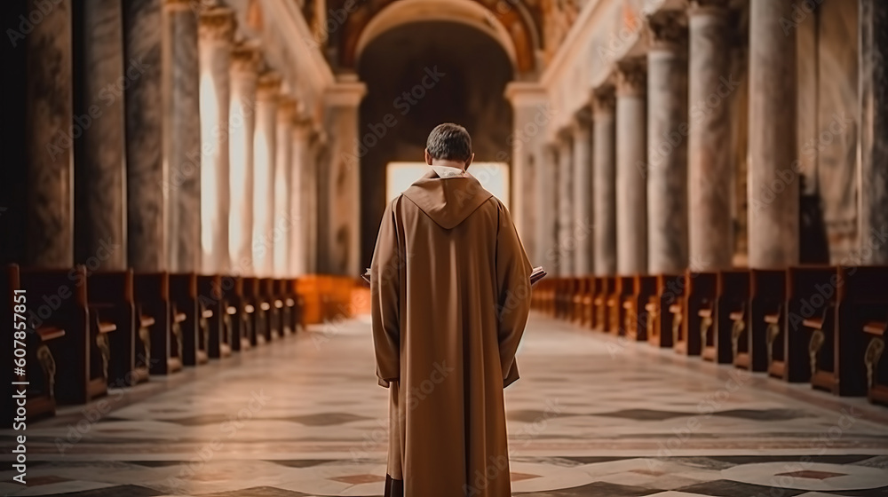 Rear view of young priest standing in the church. Generative AI.