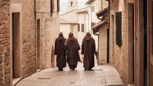 Three monks walking down the street in the old town of Assisi, Italy. Generative AI.