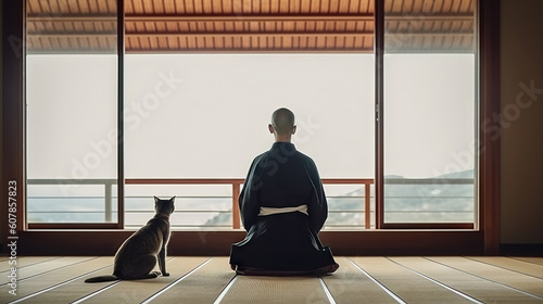 Japanese monk man in kimono sitting on the floor and looking with cat. Generative AI.