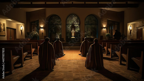 Interior of a catholic church. Monk prayers. Generative AI. photo