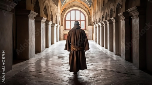 Rear view of a monk walking through a corridor in a church. Generative AI.