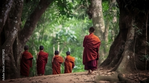 Children monks walking in a forest in Thailand. Generative AI.