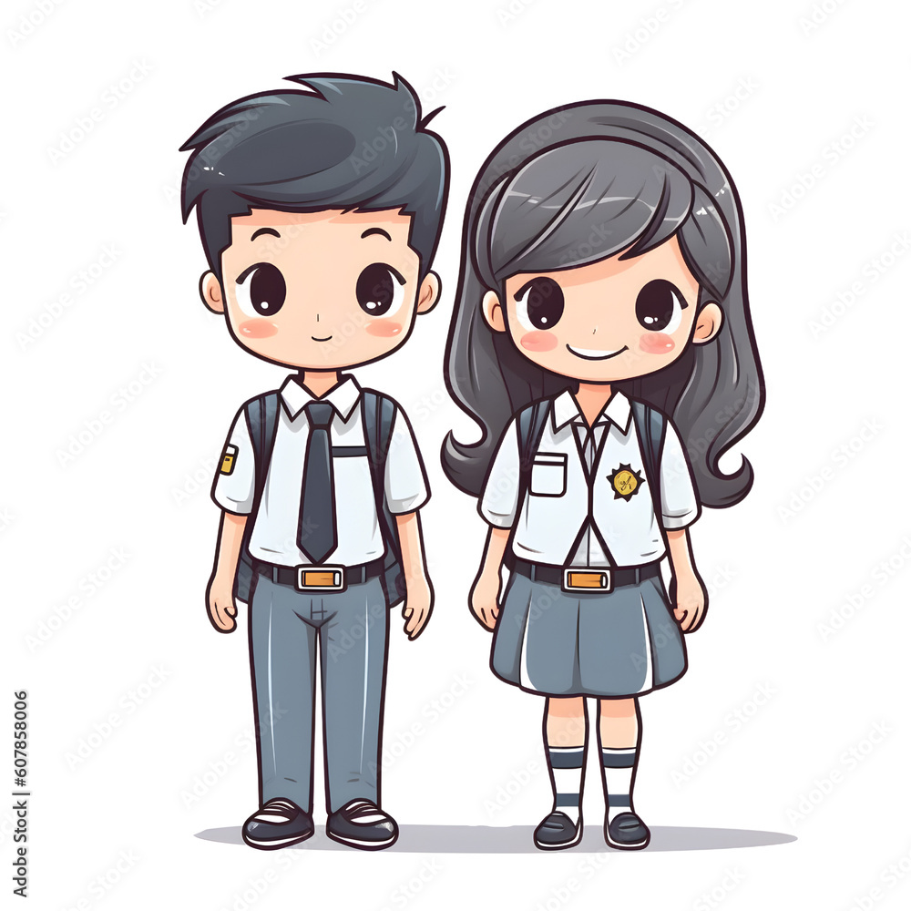 Cute teenager man and woman cartoon hand draw in student uniform