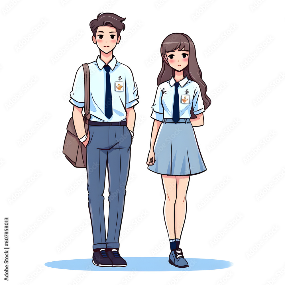 Cute teenager man and woman cartoon hand draw in student uniform Cute teenager man and woman cartoon hand draw in student uniform