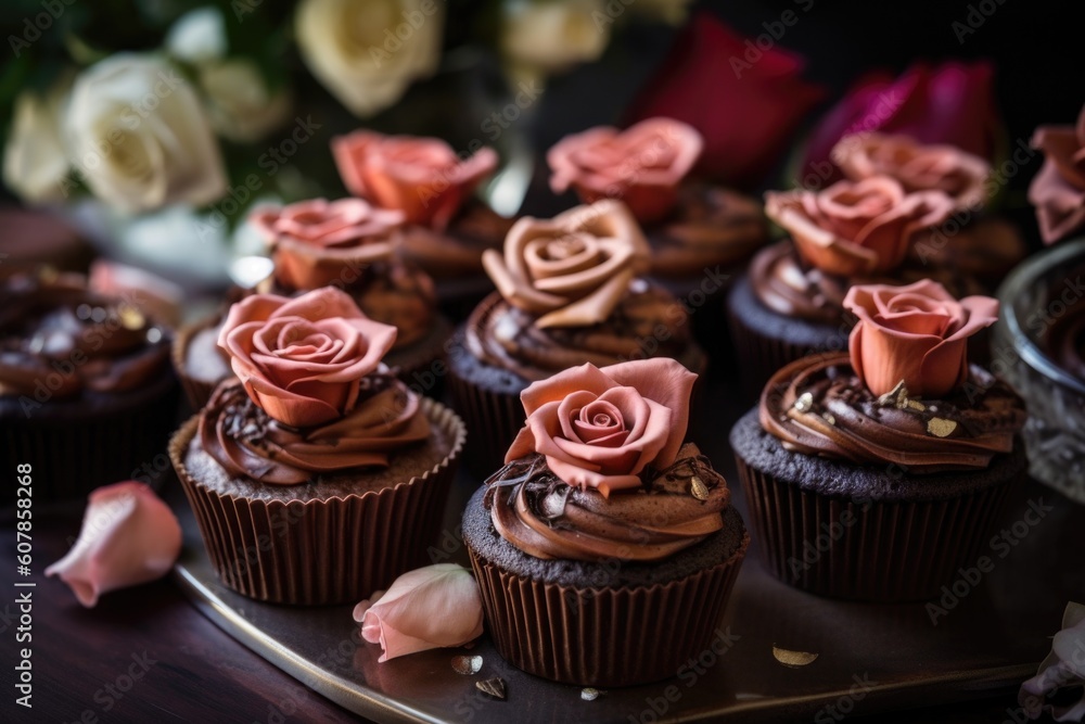 display of sweet and simple chocolate cupcakes with sugar roses, created with generative ai display of sweet and simple chocolate cupcakes with sugar roses, created with generative ai