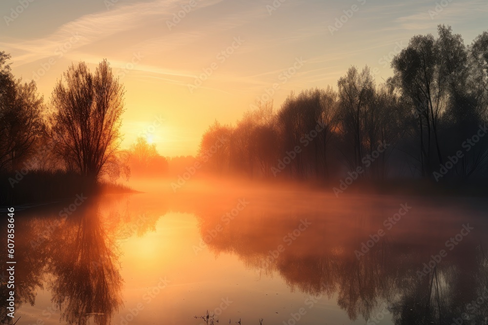 misty sunrise over lake, with reflections of trees and water, created with generative ai misty sunrise over lake, with reflections of trees and water, created with generative ai
