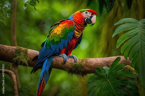 parrot perched on tree branch, surveying the jungle, created with generative ai