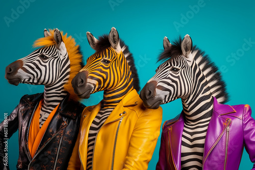 Stylish animal rock band  fashionable portrait of anthropomorphic superstar zebras with sunglasses and vibrant suits  group photo  glam rock style. Generative AI.