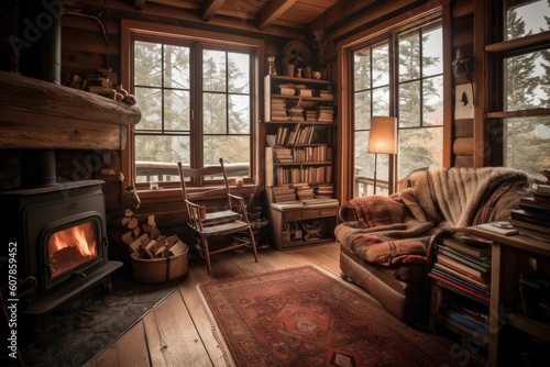 cozy cabin with fireplace and stack of books for cozy reading retreat  created with generative ai