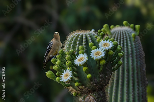 Gila Woodpecker (Colaptes chrysopides) Perched on a Saguaro Cactus (Carnegiea gigantea) in Bloom photo