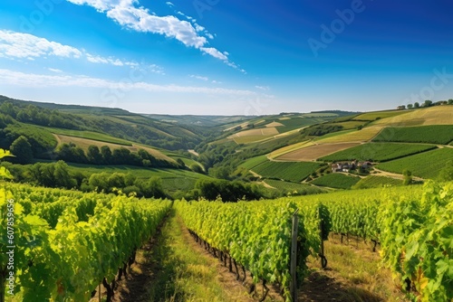 vineyards, with rolling hills and a blue sky, set against a gorgeous natural landscape, created with generative ai