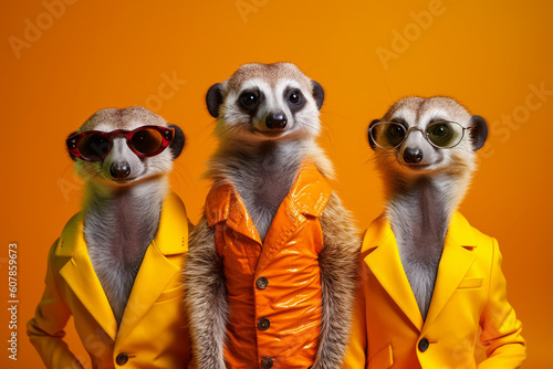 Fashionable portrait of anthropomorphic cute meerkats dressed in vibrant suits and looking like superstars. Generative AI. photo