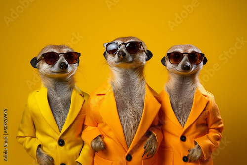 Wallpaper Mural Stylish animal rock band, fashionable portrait of anthropomorphic superstar meerkats with sunglasses and vibrant suits, group photo, glam rock style