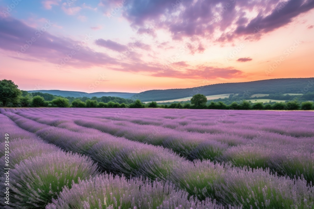 lavender field, with rolling hills and pastel sky in the background ...