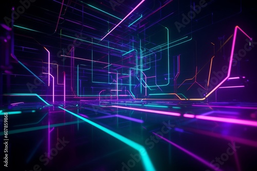 Glowing lines neon lights abstract psychedelic background. 3d render, Generative ai