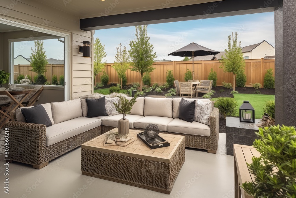 Fototapeta premium outdoor living room, with seating and coffee table for relaxing in the fresh air, created with generative ai