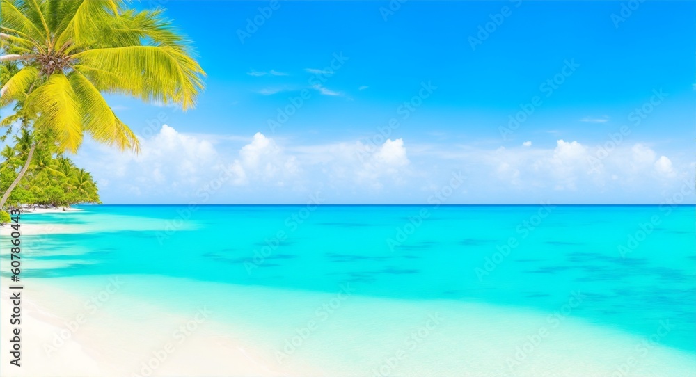 Tropical paradise beach with white sand and crystal clear blue water. Beautiful natural summer vacation holidays background. Travel tourism wide panorama background concept, generative ai