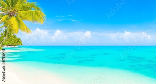 Tropical paradise beach with white sand and crystal clear blue water. Beautiful natural summer vacation holidays background. Travel tourism wide panorama background concept  generative ai