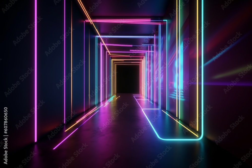 Fototapeta premium Glowing lines neon lights abstract psychedelic background. 3d render, Generative ai