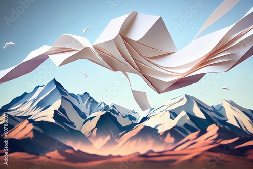 paper streamer flying in the wind  with the view of a majestic mountain range in the background  created with generative ai