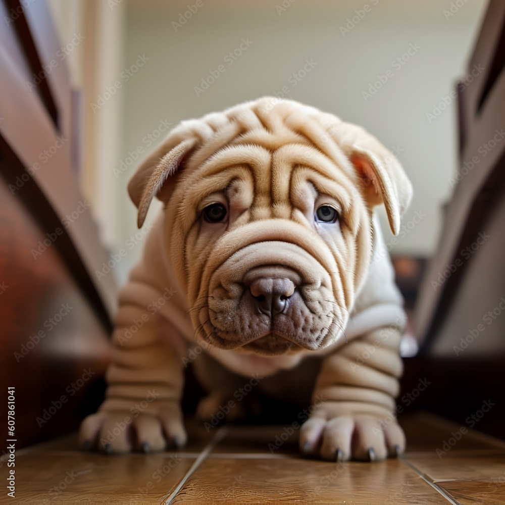 Innocent Shar Pei Puppy Curiously Exploring