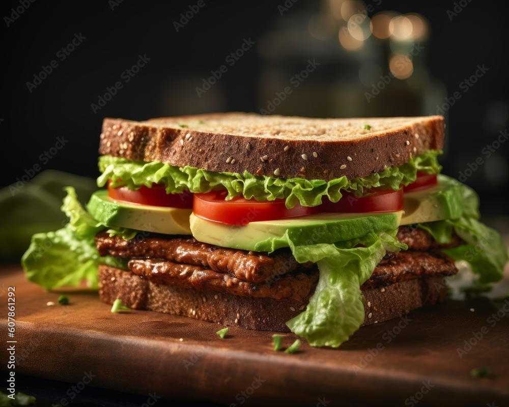 Tempeh sandwich with fresh lettuce, tomato, and avocado on whole-grain bread