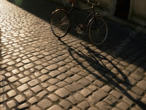 Nostalgic Shadow of a Bicycle on Cobblestone - AI Generated