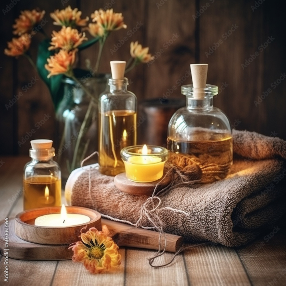 Generative ai. Spa treatment with essential oils set up. Generative ai. Spa treatment with essential oils set up.