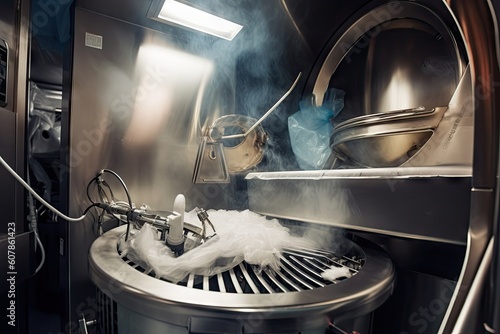 surgical instruments being sterilized in autoclave with steam and mist, created with generative ai photo