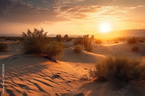 desert sunrise, with warm light illuminating the horizon and bringing new day, created with generative ai