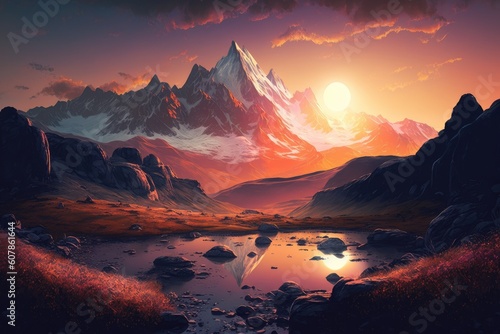 majestic mountain range with the sun setting behind it, casting a warm glow on the landscape, created with generative ai