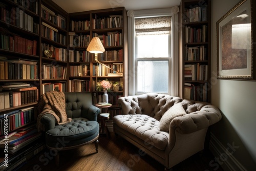 cozy reading nook with floor-to-ceiling bookcases and plush armchair, created with generative ai