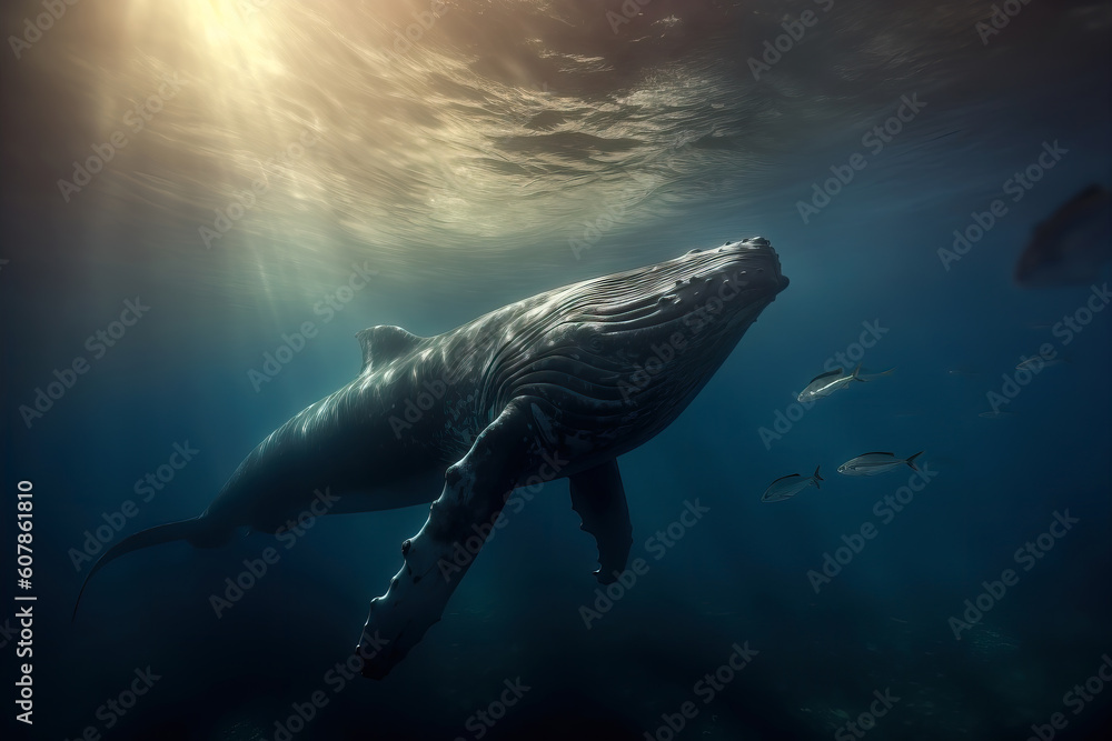 Humpback whale swimming underwater. Amazing Wildlife. Generative Ai