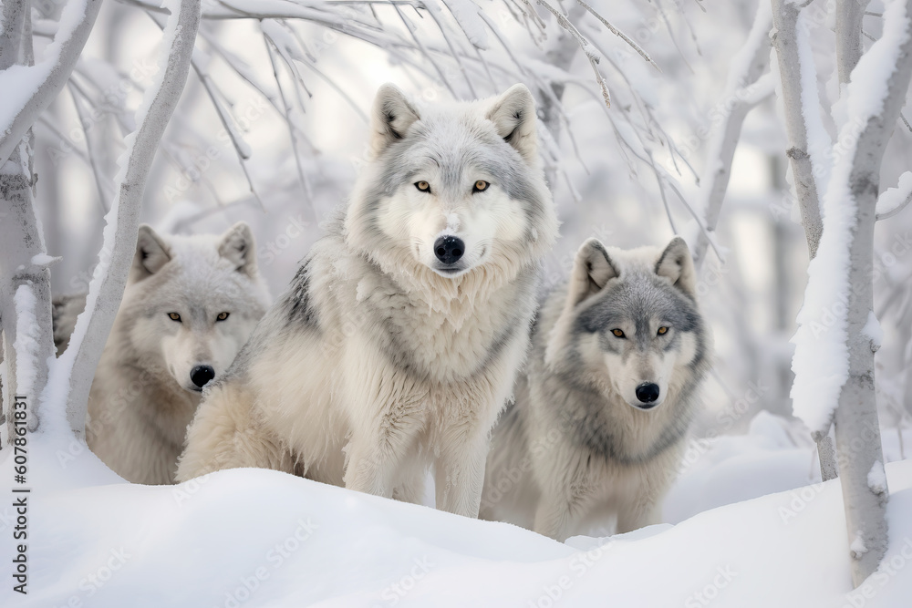 Gray wolves in the cold snowy winter forest. Amazing Wildlife. Generative Ai Gray wolves in the cold snowy winter forest. Amazing Wildlife. Generative Ai