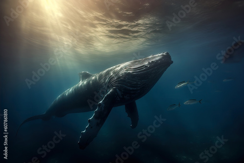 Humpback whale swimming underwater. Amazing Wildlife. Generative Ai © Shootdiem