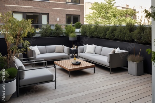 modern outdoor seating area with sleek, contemporary furniture and greenery, created with generative ai