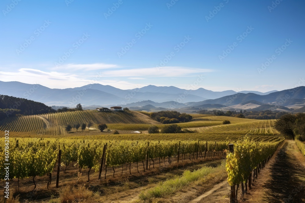 vineyard with rolling hills and distant mountains in the background, created with generative ai