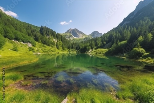 majestic mountain landscape, with view of a tranquil lake and the surrounding forest, created with generative ai