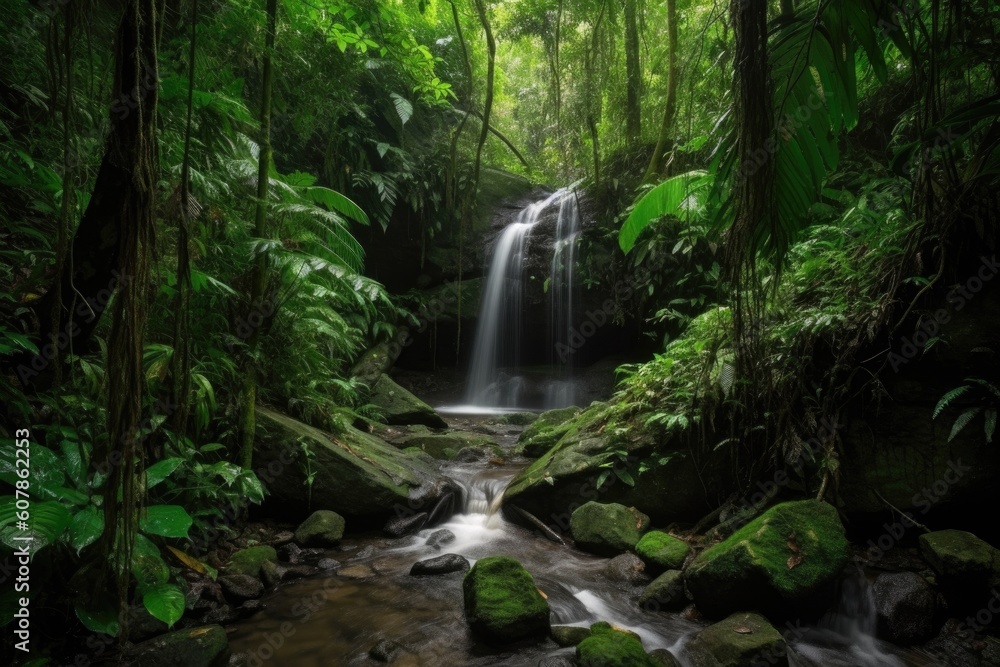 cascading waterfall, surrounded by lush green trees and foliage, created with generative ai cascading waterfall, surrounded by lush green trees and foliage, created with generative ai