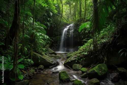 cascading waterfall, surrounded by lush green trees and foliage, created with generative ai