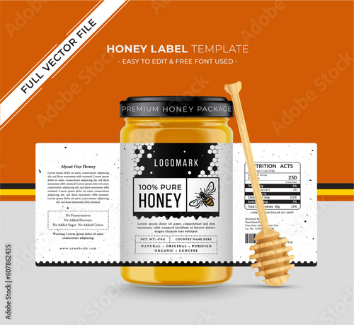 Honey label sticker honey design banner natural bee honey glass jar bottle creative packaging idea, white minimal clean design background flower organic food product bee black.