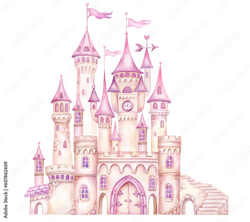 Fantasy princess castle. Pink Fairy tale watercolor hand painted illustration isolated on transparent background. Ideas for baby shower invitation, kids greeting cards, girls nursery decoration