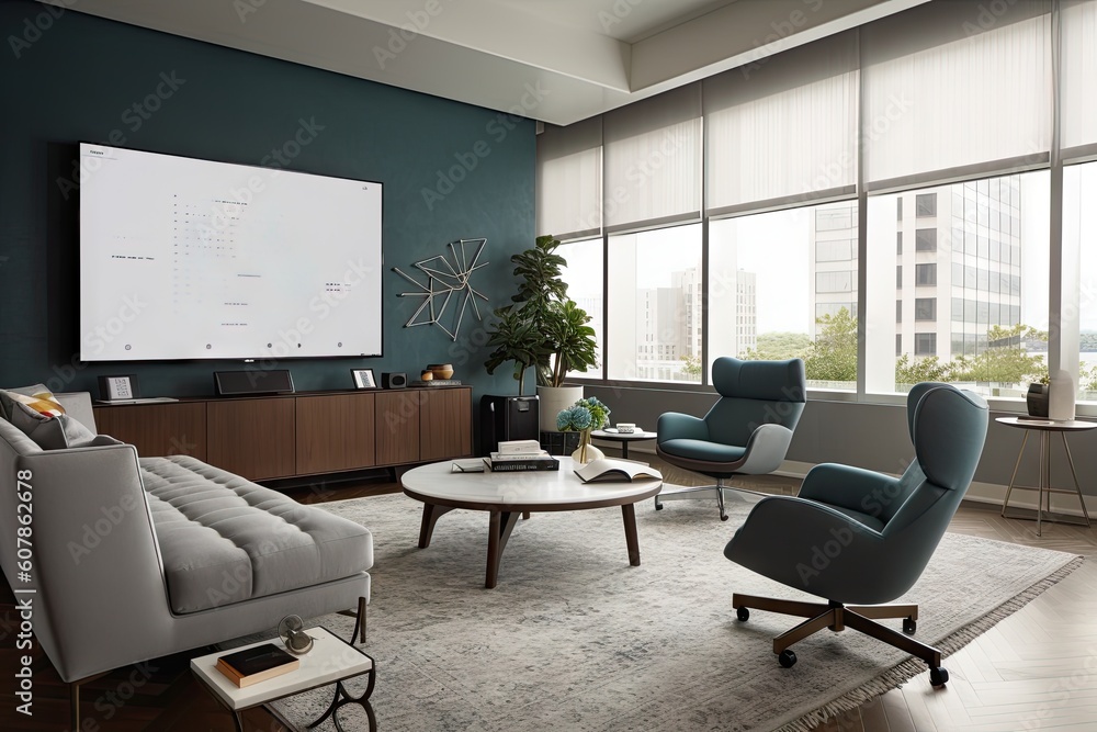 modern living room with video conference system and whiteboard for brainstorming, created with generative ai modern living room with video conference system and whiteboard for brainstorming, created with generative ai