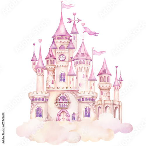 Pink Princess castle on clouds. Fairytale magic kingdom watercolor hand drawn illustration isolated on transparent background. Ideas for kids greeting cards, baby shower invitation, nursery decoration