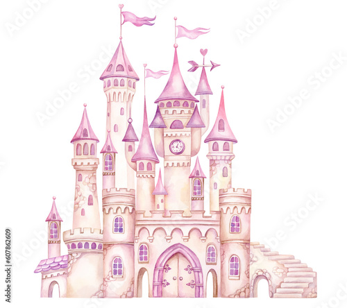Fantasy princess castle. Pink Fairy tale watercolor hand painted illustration isolated on transparent background. Ideas for baby shower invitation, kids greeting cards, girls nursery decoration